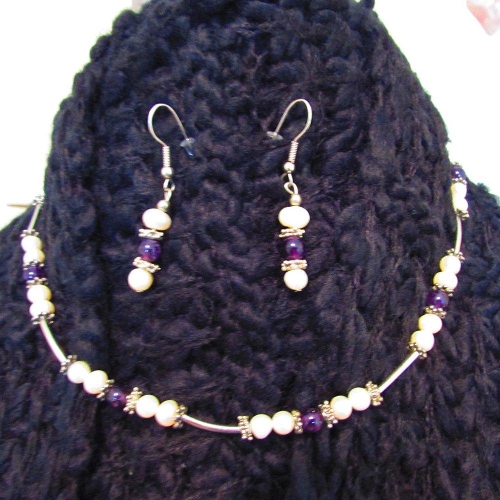 Amethyst & Pearl Necklace + Earrings